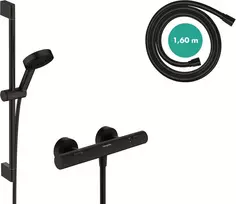 Hansgrohe Pulsify Select S 24262670 vandens taupymo dušo komplektas su termostatu Ecostat Fine, dušo termostatas su dušo galvute 8.2 l/min (ecosmart), dušo laikiklis 65 cm, žarna ir laikiklis, matinė juoda