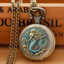 Exquisite Vintage Mermaid Pattern Pocket Watch Design with Necklace,Precise Quartz Movement Watch,Great Gift for Women and Girls black