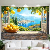 VIKAMA Fake Window Lemon Sea View Tapestry Mediterranean Style Wallpaper Living Room Background Wall Room Decoration 100X150CM