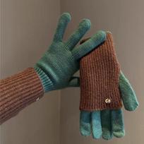 Dual-purpose Color Blocked Knitted Gloves Open-Finger Arm Cover Winter Women Gloves  Daily Use Style 6 black