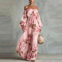 Women's Floral Off-Shoulder Sleeve Dress Elegant Casual Dress for Party and Daily Wear XXL brown