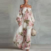 Women's Floral Off-Shoulder Sleeve Dress Elegant Casual Dress for Party and Daily Wear S white