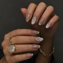 Luxury Nude Press On Nails Almond Shape 24 Pieces Reusable Fake Nails with 3D Pearl Shell Design Gold Chrome French Tips Glossy Artificial Nail Set brown