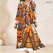 Women Plus Size Two Piece Dress Set Three Quarter Sleeve Halloween Panda Ghost Print Long Dress 2XL orange