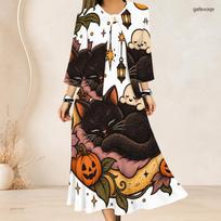 Women Plus Size Two Piece Dress Set Three Quarter Sleeve Halloween Panda Ghost Print Long Dress 5XL black