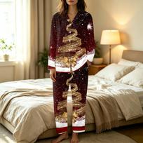 Women's Christmas Print Set, Long Sleeve Top and Long Pants Casual Fashion M black