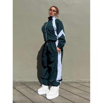2026 Womens Colorblock Windbreaker Set With High-Waist Drawstring Pants Long Sleeve Hoodie Jacket Casual Trousers XL