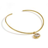 Stainless Steel Choker Necklace Luxury Gold Plated Oval Pendant Necklace Sparkling Zircon Choker for Women Jewelry 16inches(40.64cm) beige
