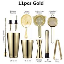 Cocktail Shaker Bar Set: 2 Weighted Boston Shakers,Cocktail Strainer Set,Jigger,Muddler and Spoon Ice Tong and 2 Bottle Pourer 5 11pcs Gold