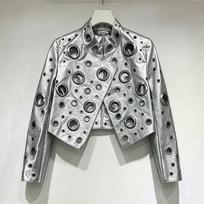 Moterims 2026 m. Patchwork dirbtinės odos Biker striukė su stovinčia apykakle, trumpa, gatvės stiliaus Silver gray