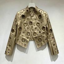 Moterims 2026 m. Patchwork dirbtinės odos Biker striukė su stovinčia apykakle, trumpa, gatvės stiliaus Gold beige