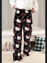 Halloween Kawaii Hello Kitty Flannel Pajama Pants Women Winter Fleece Lined Warm Lounge Drawstring Sweatpants XXL black
