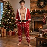 Men's Funny 3D Fake Abs Christmas Hoodie and Jogger Pants Set, Festive Holiday Outfit L raudona