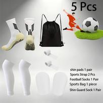 5 Pieces Sports Football Socks Mini Guards Shin Pads Straps Drawstring Football Bag Compression Socks 1 5-03SetHB3-White