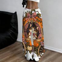 Women Plus Size Halloween Cute Hedgehog Printed Loose Straight Leg Full Length Pants 8XL brown