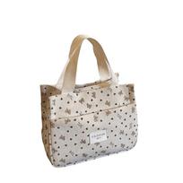Bow Heart Printed Corduroy Handbag Multi-pocket Lunch Bag Vintage Mommy Bag  Daily Use