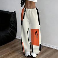 Women Plus Size Drawstring Waist Printed Loose Straight Leg Full Length Pants 4XL white