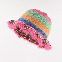 New fashion retro color striped oil painting wind ruffle edge fisherman's hat children autumn and winter warm knitted basin hat tide One size fits all pink