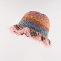 New fashion retro color striped oil painting wind ruffle edge fisherman's hat children autumn and winter warm knitted basin hat tide One size fits all beige