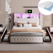 Dvigulė lova 160x200 cm, su čiužiniu, galvūgaliu su LED ir USB jungtimis, 4 stalčiais, aksominė, smėlio spalvos