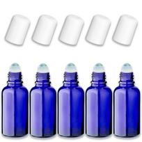 Mėlynas 30 ml stiklinis roll-on buteliukas su baltu kamšteliu, 5 vnt. rinkinys