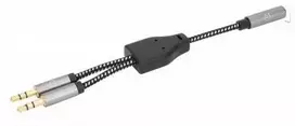 Manhattan Ausinių adapterio kabelis su stereo garso Y skirstytuvu, 3,5 mm, Aux, 15 cm, moteriška/2x vyriška, išskiria vieną ausinių kištuką į mikrofono ir garso kištukus, lieknas dizainas, juoda/sidabrinė, paauksuoti kontaktai ir gryno bekokšio vario viela, garantija visam gyvenimui, 3,5 mm, moteriška, 2 x 3,5 mm, vyriška, 0,15 m, juoda, sidabrinė