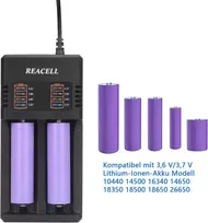 Reancell 18650 įkroviklis, universalus baterijų įkroviklis su 2 lizdais, skirtas 3.7 V 18650, 26650, 18500, 18350, 17670, 17500, 16340, 14500, 10440 ličio jonų baterijoms, su usb laidu