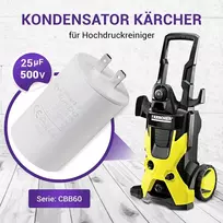 Kondensatorius 25µf 500v - pakaitalas Kärcher 9.085-013.0 varikliui - Cbb60 25 500vac, skirtas K2 slėginiams plovikliams
