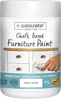 E-concreto kreidiniai baldų dažai balti 1 l su maišykle, medienos spalva shabby chic išvaizdai, baldų dažai, lengvai naudojami, vandens pagrindo baldų dažai, kreidos spalvos balti, greitai džiūstantys