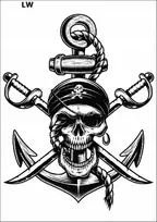 Didelis laikinas vandens tatuiruotė: pirato laivo inkaras ir kaukolė