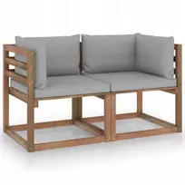 Lauko baldų komplektas Sodo dvivietė sofa iš palečių su pilkomis pagalvėlėmis, pušis