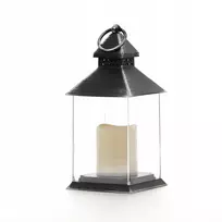 Juodas plastikinis žibintas, lampionas + žvakė, h=23,5 cm