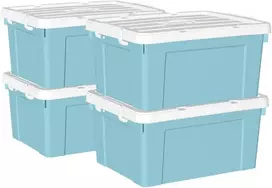 Cetomo 35l x 4 plastikinė dėžė daiktams, krepšys, organizavimo konteineris su patvariu dangčiu ir saugiais užraktais, sudedamas ir kraunamas, 4 vnt., mėlyna su sagtimi