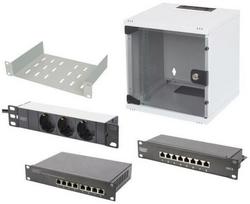 Digitus serverio spinta DN-10-SET-1, 10 colių, 6U, RAL 7035, plienas, 8 prievadų jungiklis, pach panelė, lentyna, PDU