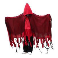 Halloween Party Grim Reaper Hooded Cloak for Men Women, Adult Scary Gothic Costume Cape Wizard Cape, Cosplay Masquerade Outfit Distressed Ragged Robe raudona