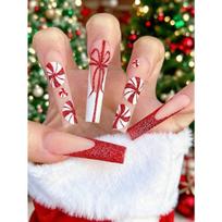 Christmas Press on Nails French Tip Press on Nails Long Coffin with White Elk Snowflakes Decoration Golden Glitter Design Christmas Elegant Style brown