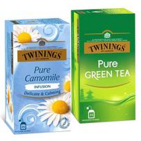 Twinings Pure Green & Camomile Tea Combo, Green & Herbal Infusion, Caffeine-Free, Sugar-Free, 25 Teabags Each green