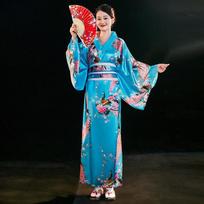 Japoniškas tradicinis moteriškas oficialus yukata kimono kostiumas anime cosplay ir scenos pasirodymų fotografijai Ribbon Peacock One Size blue