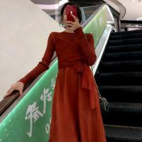 Lightly Mature French Retro Rust Red Cross-Strap Knit Dress With Waist-Cinch - Women's Autumn/Winter A-Line Mid-Length Skirt One Size brown