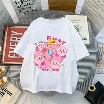 Kirby Shirt Summer O-neck Round T-shirt Cotton Short-Sleeve Tops Solid Color Adult Printed Anime White Tshirt Collar Couple Tees 120 white