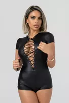 Christine Lilith Short-Sleeve Bodysuit Black Wetlook, Criss-Cross Front
