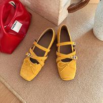 Beautiful cross-buckle ballet shoes women's bow Mary Jane shoes matte shallow mouth square head single shoes 40 orange