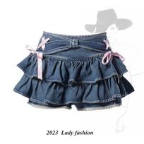 American sweet and spicy denim skirt women's summer new Spice Girl bow strap design pure desire skirt L gray
