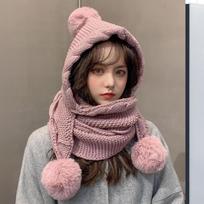 Womens Winter Knit Hat Scarf Integrated Fluffy Pom Poms Thick Warm For Skiing Commuting Cold Weather A5 gray