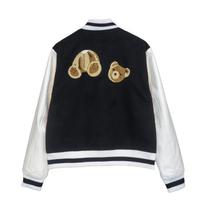 Mens Oversized Color-Block Embroidered Bear Graphic Baseball Jacket Casual Outerwear Medium white