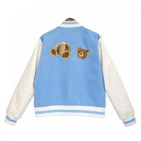 Mens Oversized Color-Block Embroidered Bear Graphic Baseball Jacket Casual Outerwear XL white