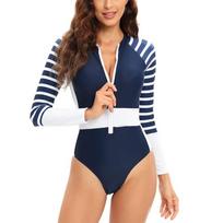 Womens Long Sleeve Zipper Rash Guard Swimsuit Striped Color Block One-Piece Surfing Diving Wetsuit Large