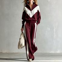 Women's Color Block Casual Tracksuit Set with Zip Up Hoodie and Wide Leg Pants for Fall Winter XXL