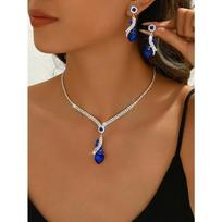Earrings and Necklace Set - Drop Geometric Crystal Necklace and Stud Earrings - Two-Piece Set of Jewelry for Women