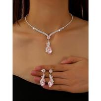 Earrings and Necklace Set - Drop Geometric Crystal Necklace and Stud Earrings - Two-Piece Set of Jewelry for Women brown